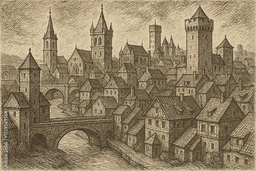 Line cityscape rooftops bridges to engraved vector towers illustration etching textures medieval