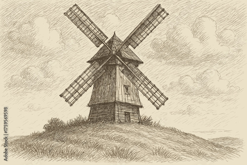 Blades old wooden illustration etching lines crosshatch vector fine windmill art shading