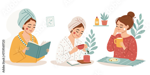 vector set of 3 woman favorite activity after shower