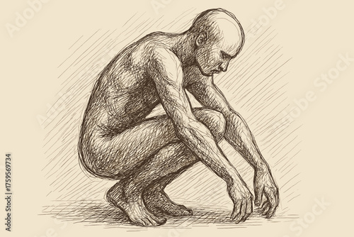 Vector crouching illustration form figure detailed rough human shadows sketch