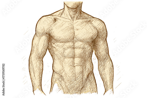 Crosshatching torso male figure vector illustration study muscular shaded abdomen