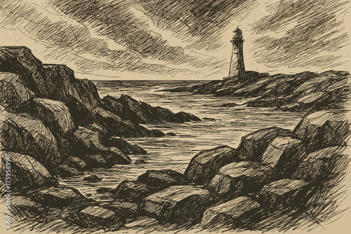 Dramatic illustration distance rough lines landscape effect vector bold contour rocky coastline