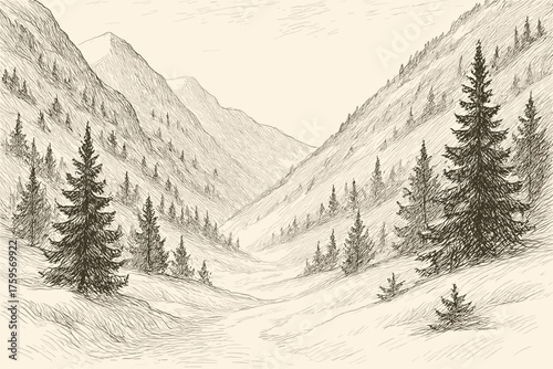 Snowy vector crosshatching mountain depth shading illustration along delicate light valley