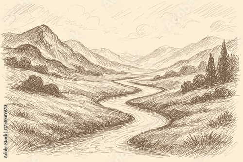 Pencil illustration river shading rough vector sketch valley stream strokes depth