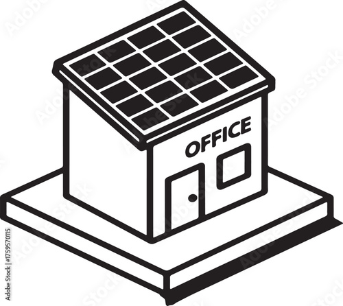 Modern Isometric Office Vector with Solar Panels – Sustainable Architecture Silhouette