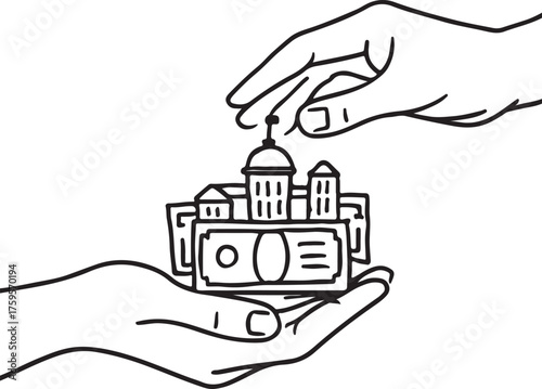 Government Funding Vector Silhouette – Hands Holding Institutional Building and Currency Note