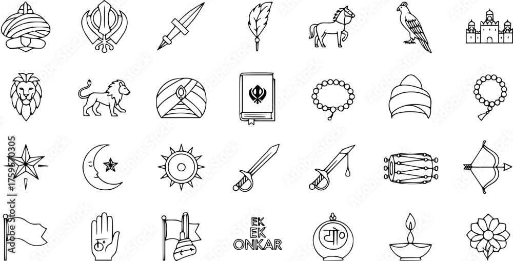 Naklejka premium Sikhism Line Icons Vector Set. Religious and Cultural Symbols of Sikh Faith: Khanda, Turban, Kirpan, Guru Granth Sahib, Ik Onkar, Lion, Horse, Falcon, Diya, and spiritual elements.