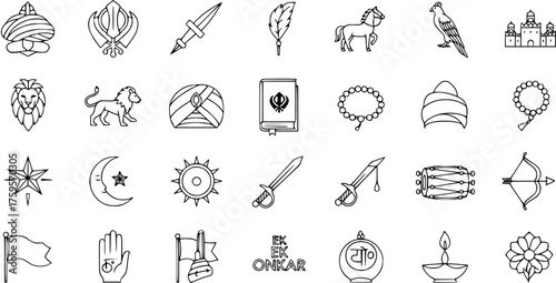 Sikhism Line Icons Vector Set. Religious and Cultural Symbols of Sikh Faith: Khanda, Turban, Kirpan, Guru Granth Sahib, Ik Onkar, Lion, Horse, Falcon, Diya, and spiritual elements.