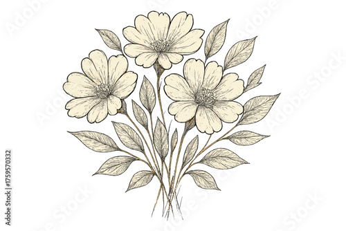 Lines flower shading sketched illustration accented hand pen drawn bouquet strokes leaves