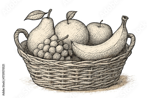 Basket pen fruit crosshatch exterior individual bold outlined vector shading illustration