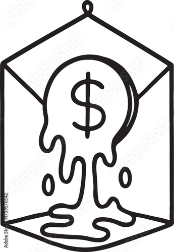 Minimalist Melting Dollar Art – Symbolic Line Drawing of Financial Decay in Hanging Frame
