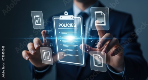 Businessman interacting with digital policies and documents on a futuristic interface