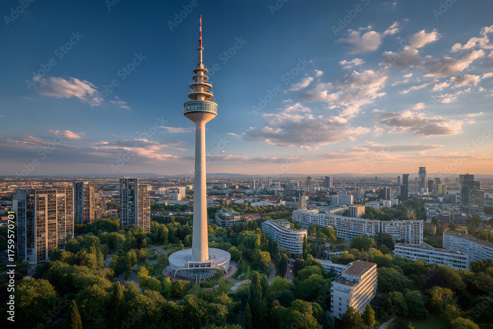 Obraz premium German high Europaturm TV and radio broadcasting tower against blue sky, city’s modernity, serving popular tourist attraction, modern communication and technology, European Urban technology, Frankfurt