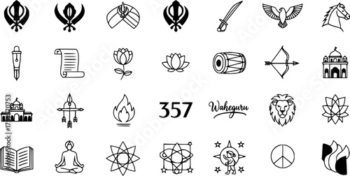 Sikhism Religious and Spiritual Symbols Vector Icon Set. Collection of cultural emblems, holy items, and meditative representations in black and white.