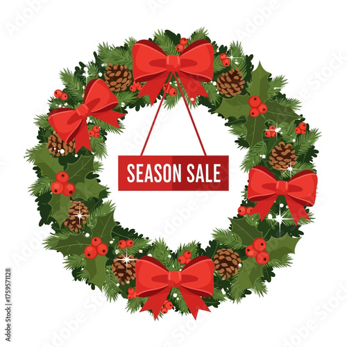 Vector illustration of Festive Christmas wreath with pinecones, holly berries, and red bows, featuring a "Season Sale" sign.