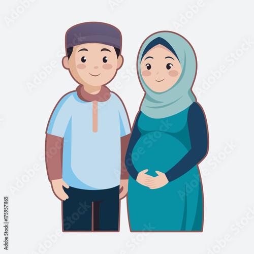 Pregnant hijab woman with her husband vector art Illustration