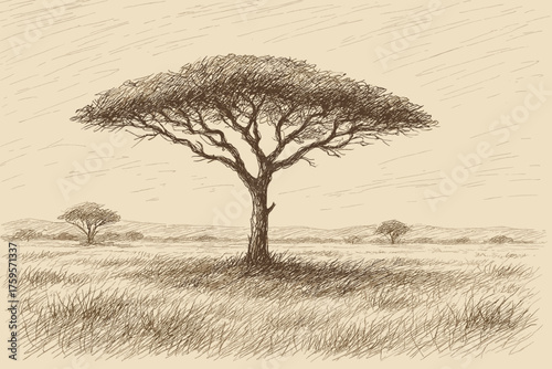 Light lone tree suggested sky illustration vector ground savanna sketch rough