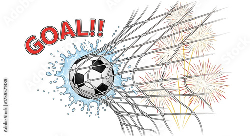 Vector illustration of a soccer ball scoring a goal, bursting through the net with celebratory fireworks.