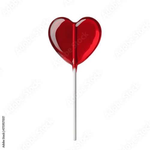 A glossy red heart shaped lollipop on a silver metal stick on transparent background