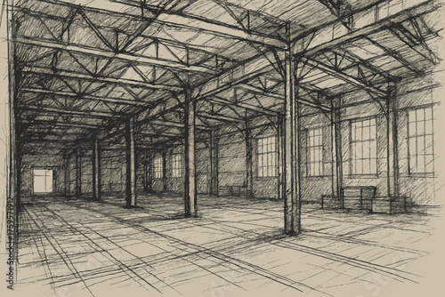 Industrial shading perspective warehouse hatching rough steel sketch vector illustration