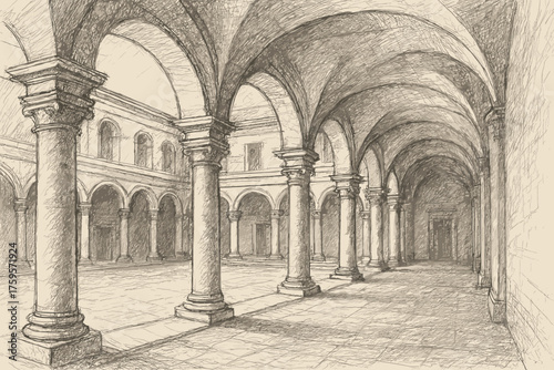 Illustration pencil arches detailed vector textured sketch shading renaissance pillars courtyard