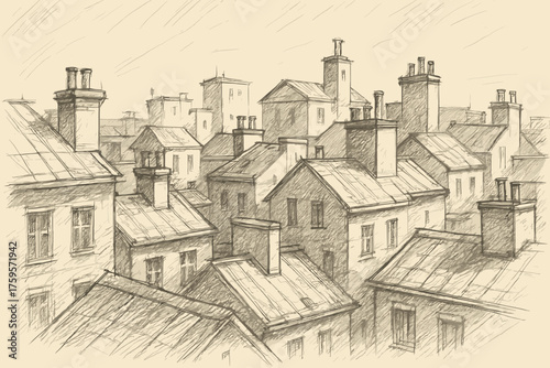 Vector clustered crosshatching shading rooftop pencil sketch buildings city chimneys illustration
