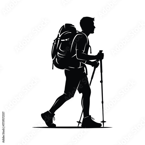 Silhouette of a hiker with backpack and trekking poles in motion vector