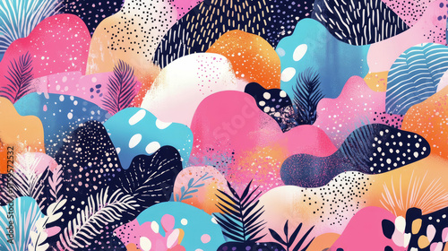 Modern Artistic Illustration of Vibrant Abstract Nature Scene with Organic Shapes, Diverse Textures, and Playful Patterns in Lush, Colorful Palette