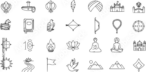 Sikhism and Indian Cultural Symbols Vector Line Icons Set. Featuring Sikh Emblems, Religious Items, Nature Elements, and Spiritual Meditative Figures in Outline Style.