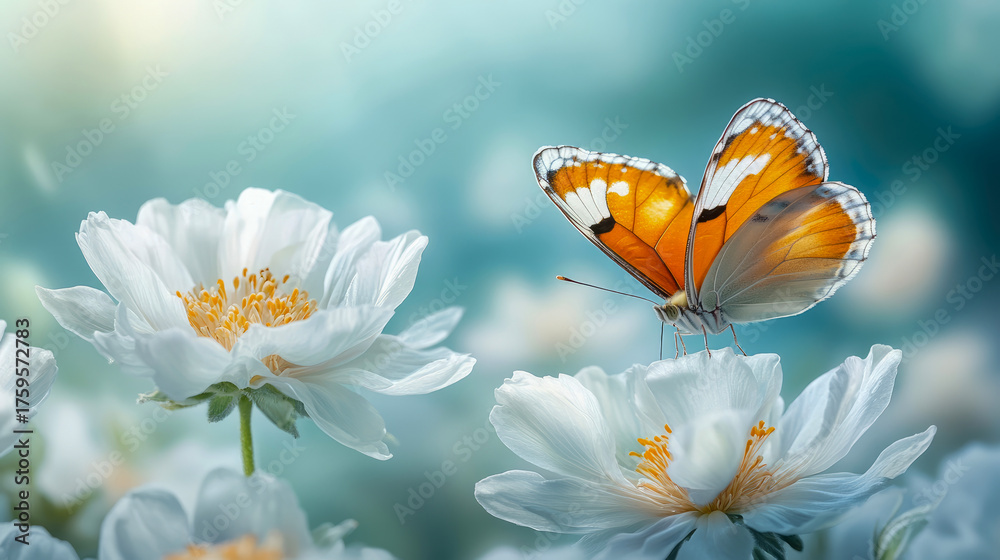 Obraz premium Close-up of stunning orange and white butterfly landing on pristine white blossom, surrounded by dreamy, blurred background of natural blue and green hues, evoking sense of tranquility and delicate wi