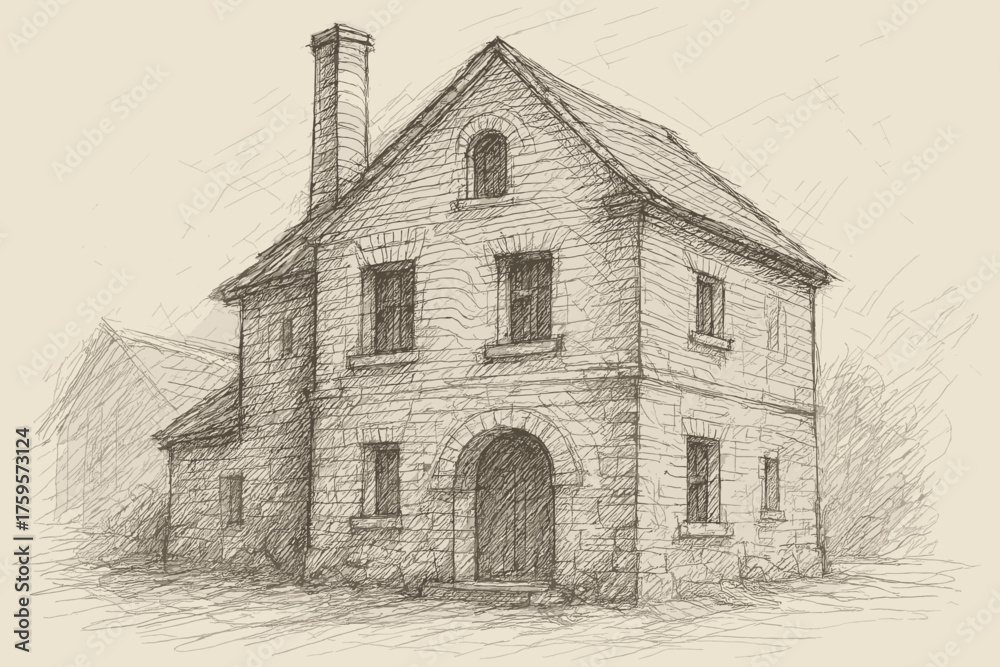 Obraz premium Line contour structured old shading sketch depth pencil building vector illustration