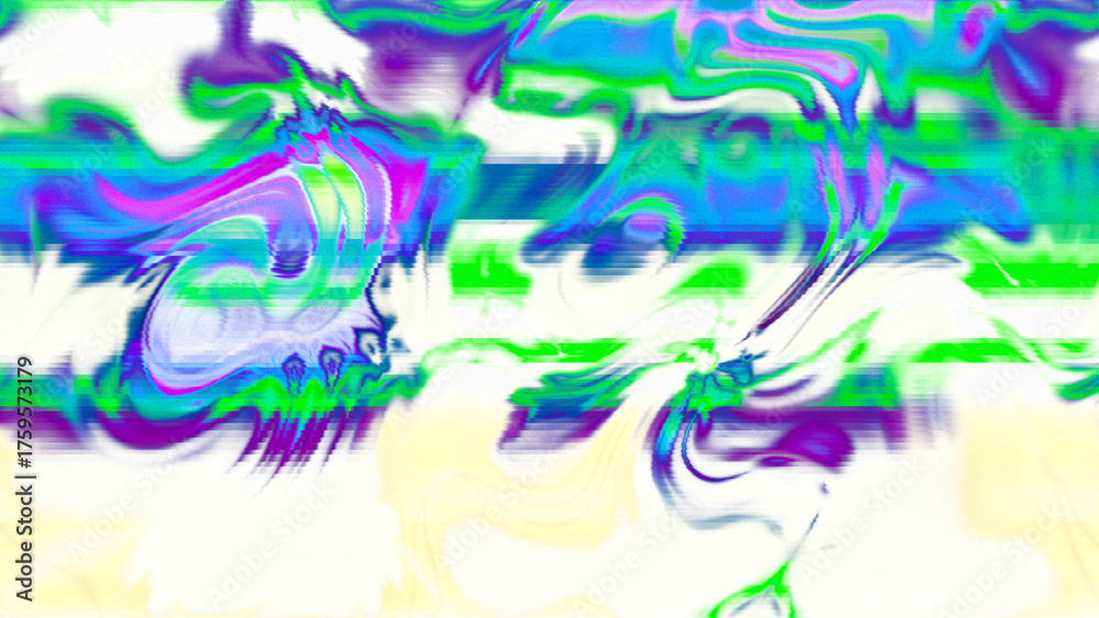 Fototapeta premium Abstract psychedelic glitch waves with neon colors, distorted digital fluid texture and VHS scanline effect