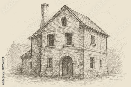 Line contour structured old shading sketch depth pencil building vector illustration