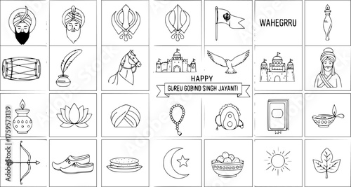 Sikh Guru Gobind Singh Jayanti line art coloring page with religious symbols, historical items, and cultural elements.