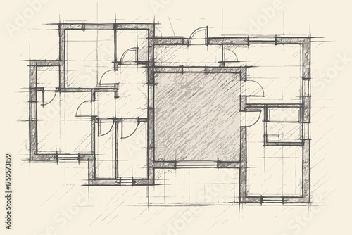 Illustration rough shading sketch blueprint pencil vector structural lines overlapping architectural draft