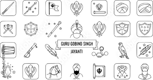 Guru Gobind Singh Jayanti Line Art Icons Set - Sikh Festival Symbols  Cultural Elements
