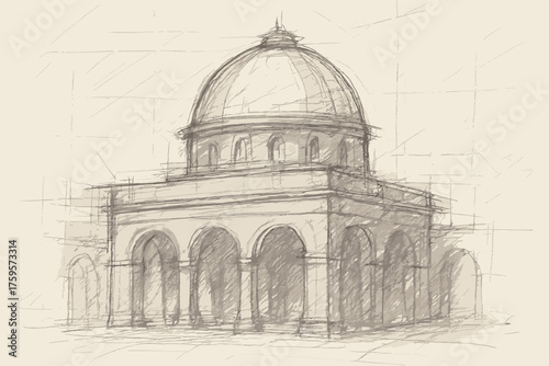 Building illustration arches rough vector dome pencil sketch shading muted plan