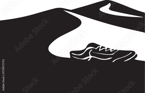 Minimalist Trail Journey Art – Lone Shoe on Winding Path Through Hills
