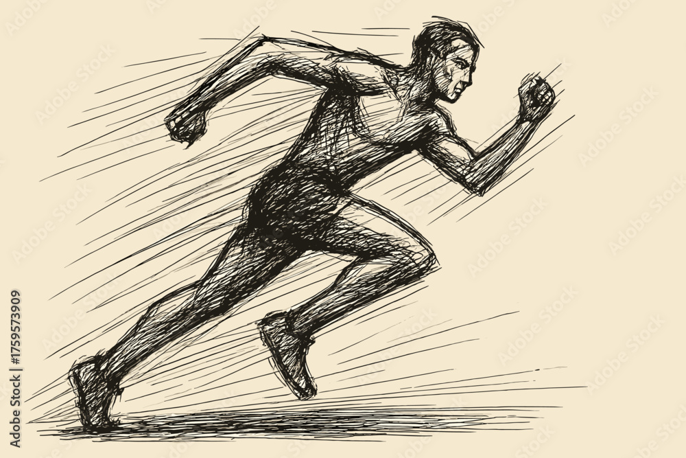 Fototapeta premium Vector illustration shadows dynamic strokes sketch bold crosshatched ink figure speed motion