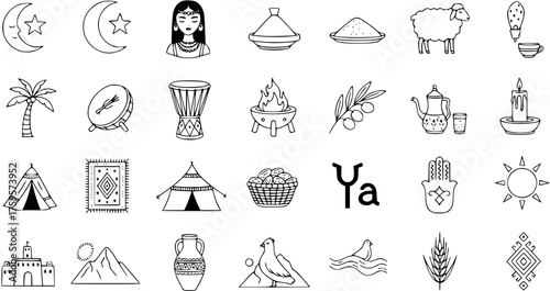 Set of Hand-Drawn Middle Eastern  North African Culture Doodle Icons. Featuring Traditional Arabic, Moroccan, and Islamic Symbols and Desert Elements.