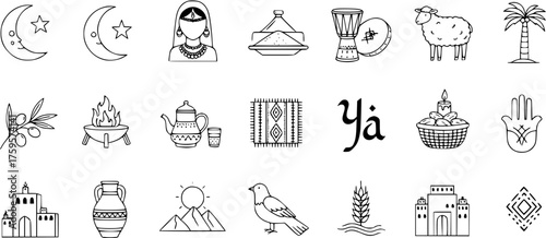Moroccan Culture and Tradition Line Art Icons: Food, Architecture, Symbols  Nature Elements of North Africa