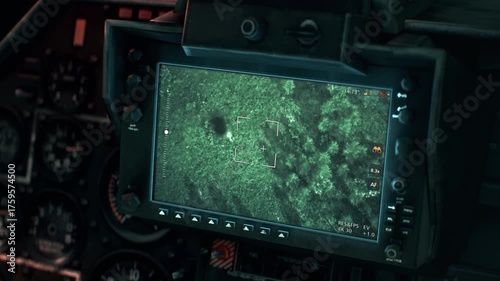 Night vision military radar surveillance of the combat mission battlefield. Night vision military system searching for enemy at mission area. Night vision military weapon killing enemy during mission.