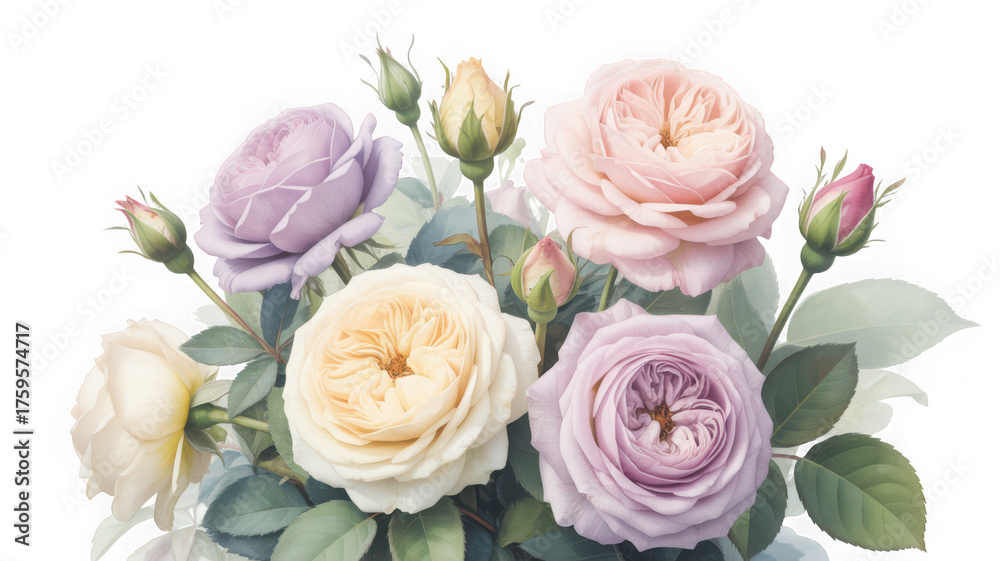 Fototapeta premium Soft pastel english roses and buds in a floral arrangement isolated on transparent background