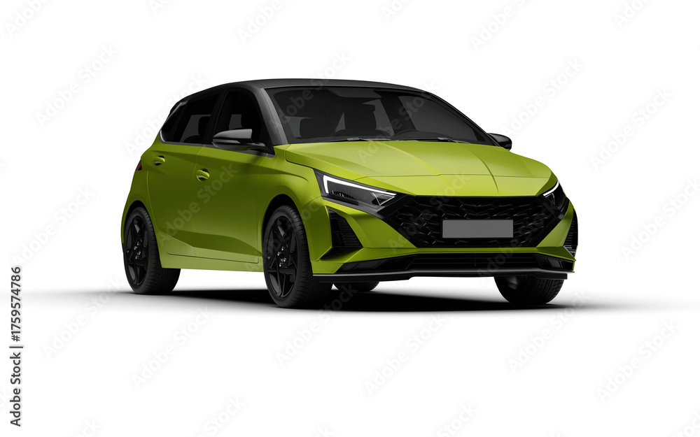 Fototapeta premium Front right three-quarter view of the green colored modern hatchbag car with transparent background.