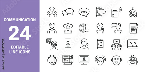 Communication icons set, editable vector, modern thin line style, chat, dialogue, voice message, online messaging, social media, digital communication, isolated transparent background.