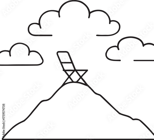 Minimalist Mountain Summit Art – Chair of Solitude and Reflection in Line Drawing