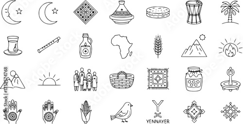 Line art vector icons set representing AmazighBerber culture, including traditional symbols, food, nature, and customs, perfect for Yennayer new year celebrations.