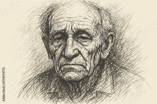 Sketch face crosshatching expressive rough strokes illustration defined wrinkles elderly vector