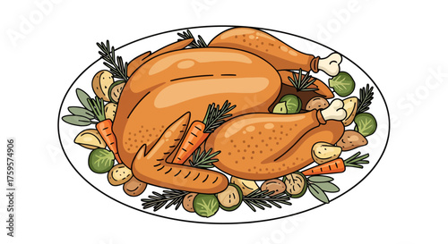 Festive Thanksgiving Turkey Dinner Illustration with Vegetables and Herbs