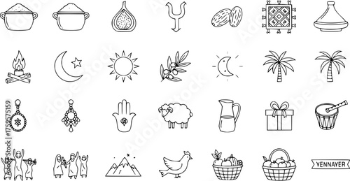 Amazigh Yennayer New Year Celebration Icons Set. Traditional Berber Culture Symbols, Food, Nature, and Rituals Line Art Collection